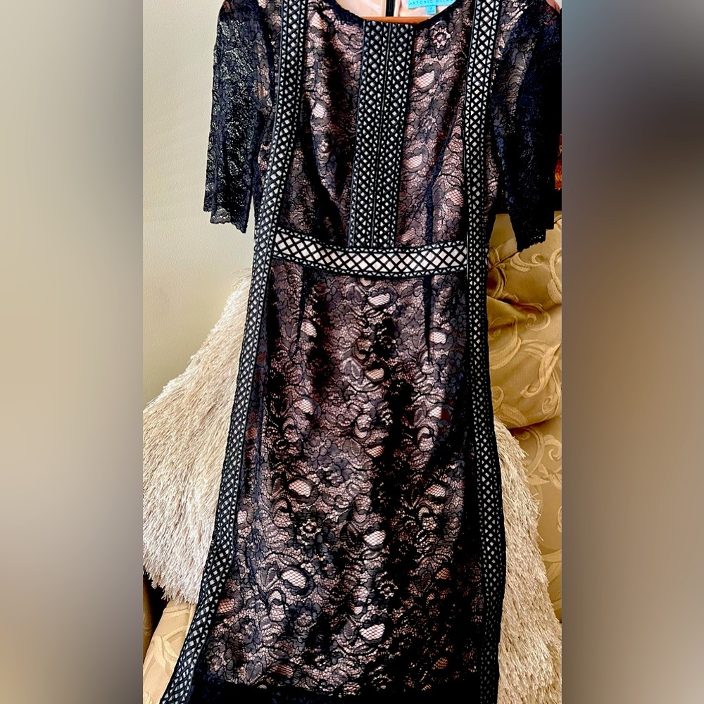 Antonio Melanie Black Lace Overlay Midi Cocktail Dress Size 2